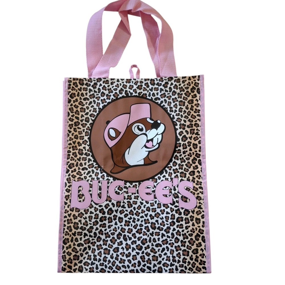 Buc-ee's‎ Reusable Tote Bag Pink Leopard Cheetah Print Beaver Logo 15x12x7 In.